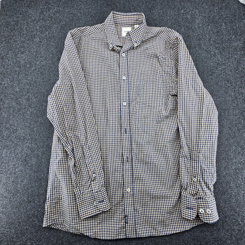 Dillard's Rowm Shirt Men's Long-Sleeve M Tan Navy Plaid Button-Down‎